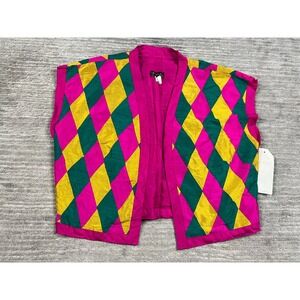 Yvonne Vest Womens 12 Pink Harlequin Diamond Raw Silk Vintage Cropped Open Front